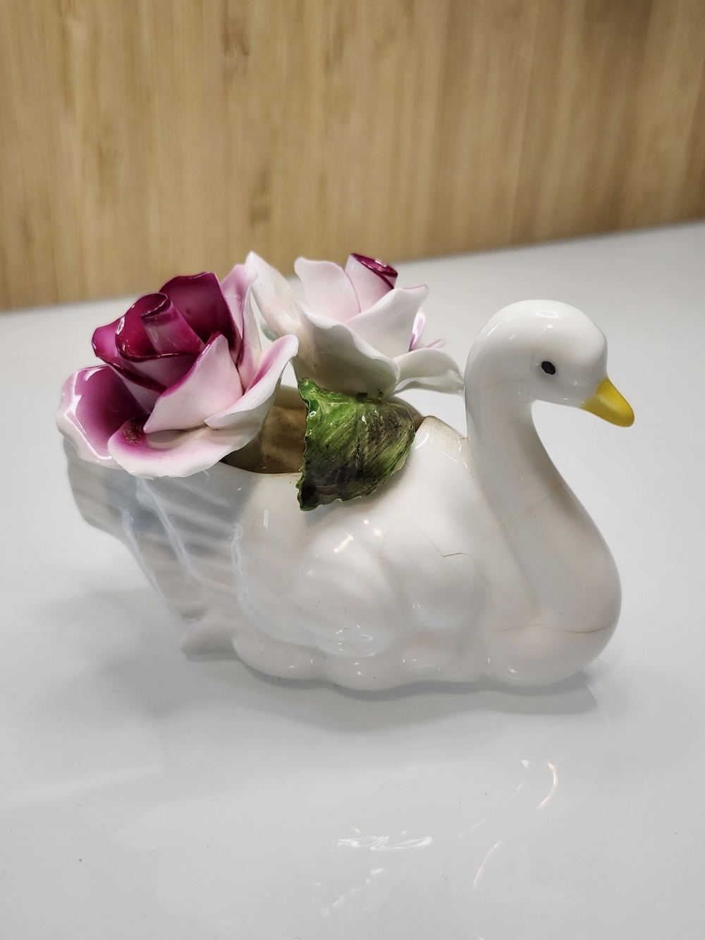 Swan Planter Bone China Aristocrat with Pink Rose Accents Wedding Topper